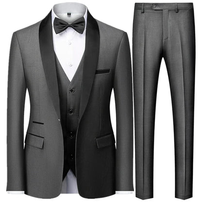 3 Pieces Set Men's Business Blazers Coat - Slim Fit Color Matching Collar Suit Jacket Pants Vest