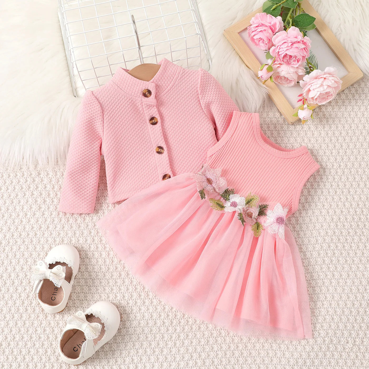 Monate Baby Mädchen Kleid Geburtstagsgeschenk rosa Blütenblatt Hosenträger Mantel Set