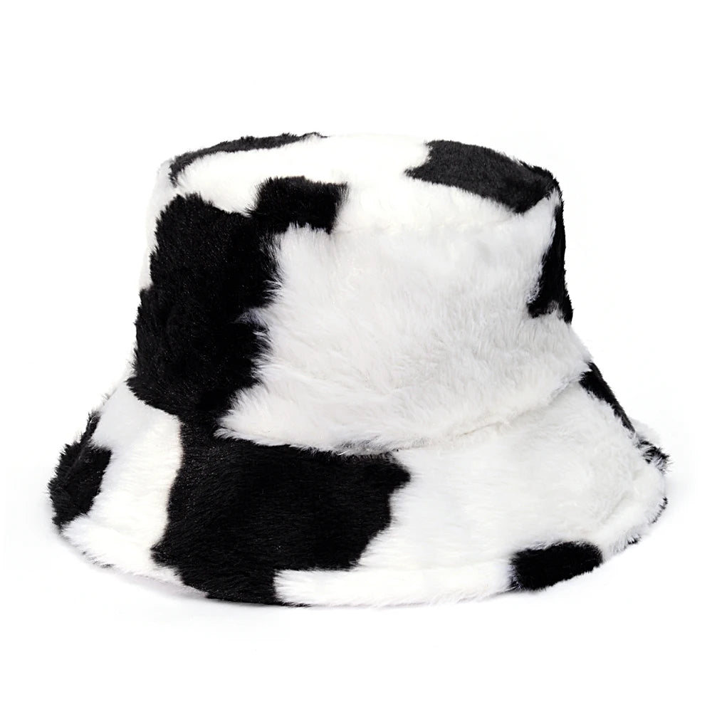 Chapeaux de seau moelleux en fausse fourrure de léopard de vache d'hiver pour les femmes