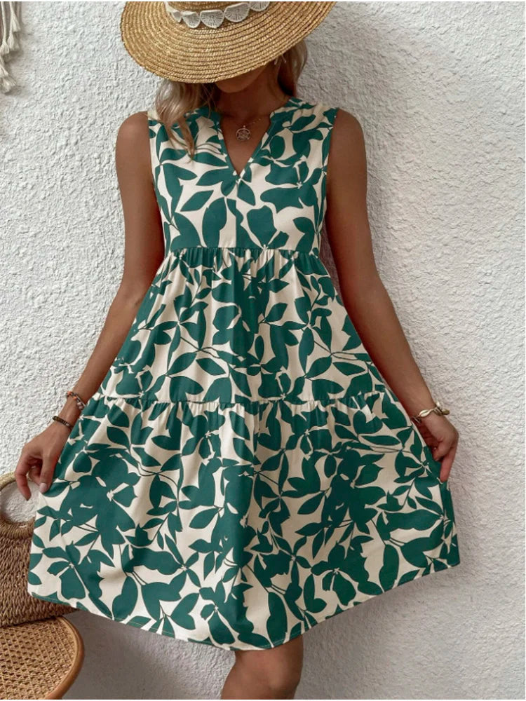Ärmelloses, bedrucktes Boho-Kleid für Damen mit V-Ausschnitt