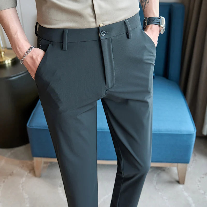 Men’s Classic Slim Fit Office Trousers - High Waist Vintage Pants