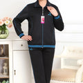 Black top with blue trim + black pants with blue trim