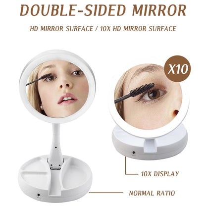 Miroir de maquillage grossissant pliable à LED avec grossissement 10X