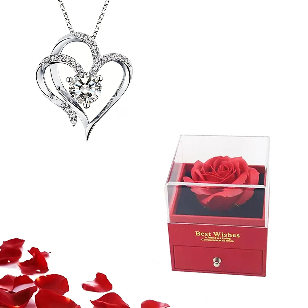Valentinstag Geschenk Luxus rote Herz Halskette mit Rose Geschenkbox