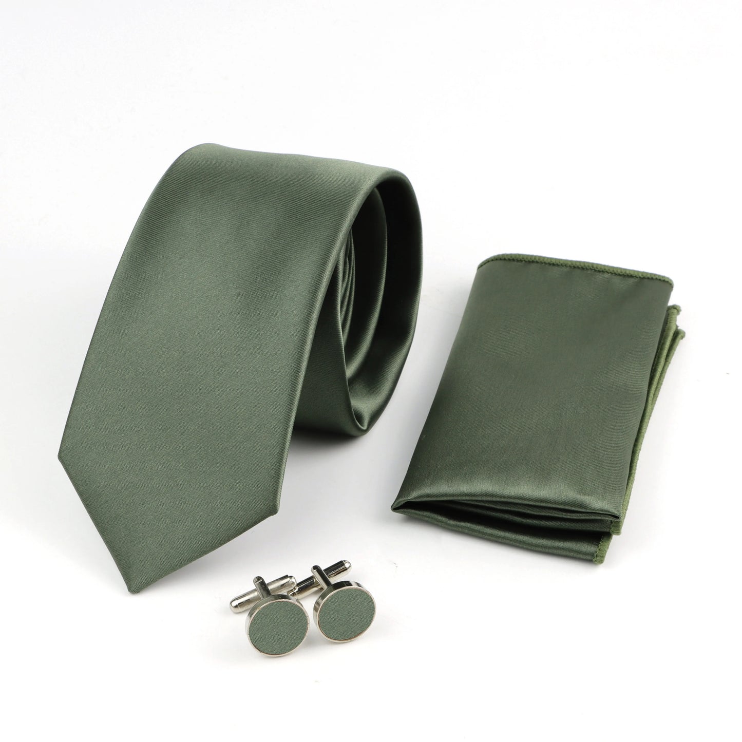 Men’s Solid Color Tie Set – Polyester Necktie Bow Tie Pocket Square & Cufflinks