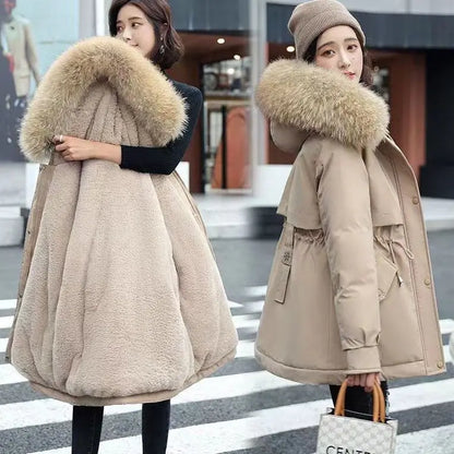 Langer Damenparka – Dicker Samt-Wintermantel