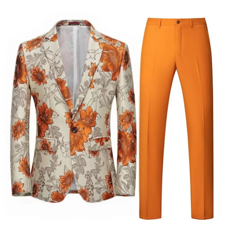 Orange Flower Pattern 2-Piece Suit for Men