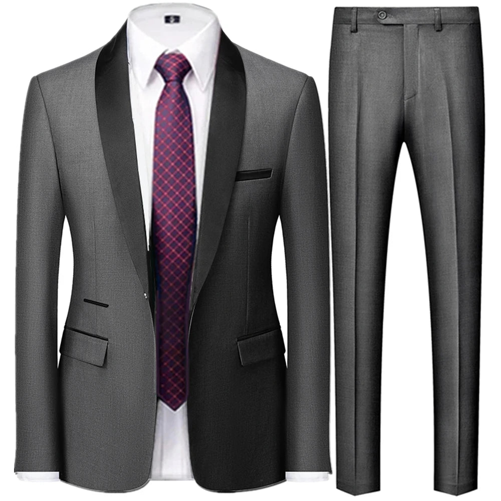 3 Pieces Set Men's Business Blazers Coat - Slim Fit Color Matching Collar Suit Jacket Pants Vest