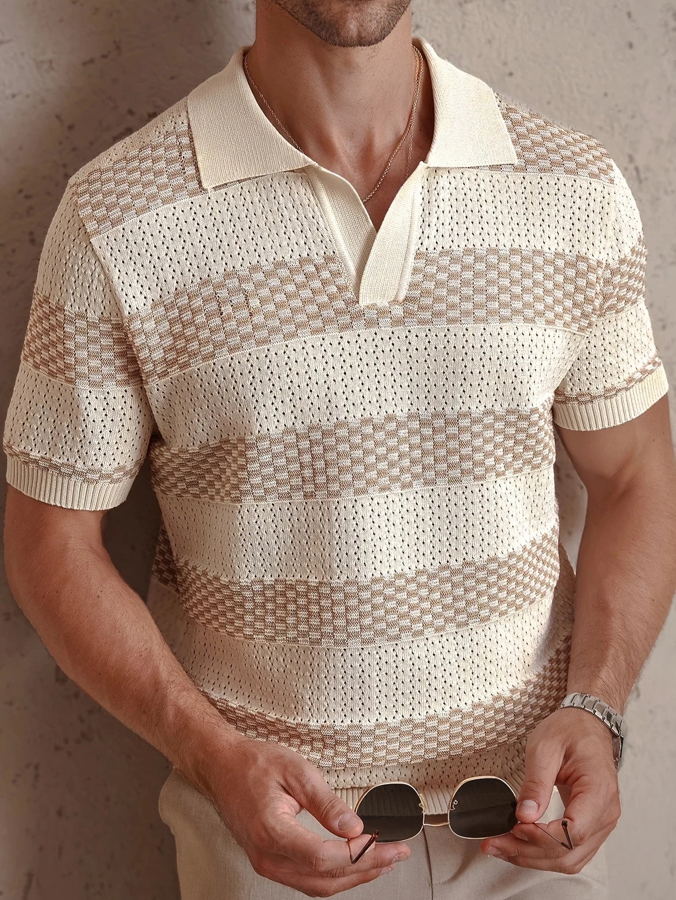 Men's Short Sleeve Contrast Color Knitted Polo Shirt