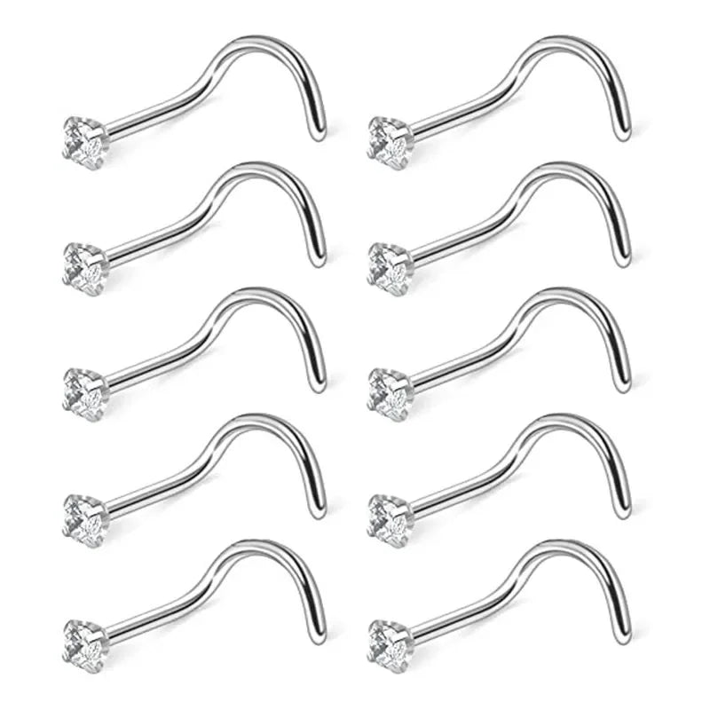 Versatile CZ Zircon Nose Studs- 10-Piece Set