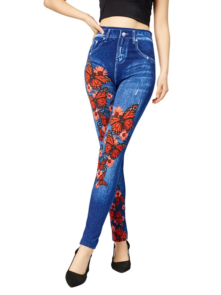 Women's Gym Leggins High Waist Elastic Butterfly Pritned Pencil Jeans