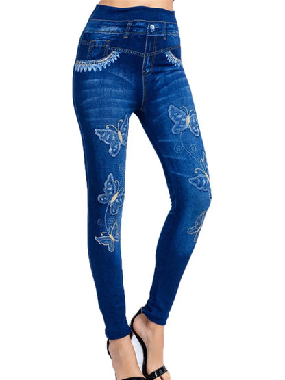 Women's Gym Leggins High Waist Elastic Butterfly Pritned Pencil Jeans