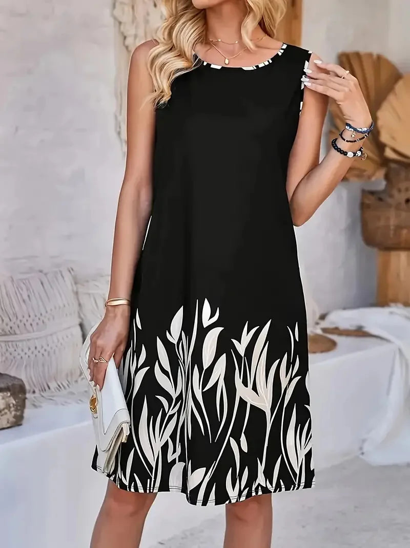 Women’s Floral Print Summer Dress – Round Neck Sleeveless Slim Fit Casual Mini Dress