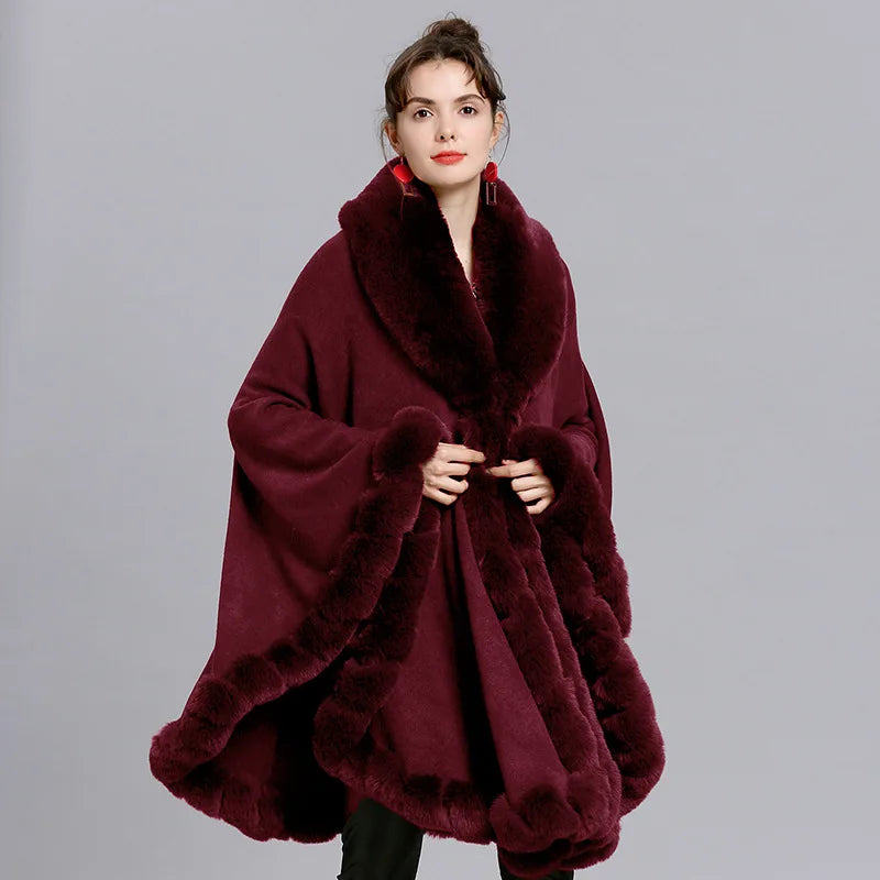 Women's Winter Plaid Hooded Fur Collar Shawl