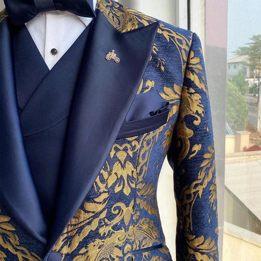 Men's Double Breasted Black Gold Jacquard Wedding Suits