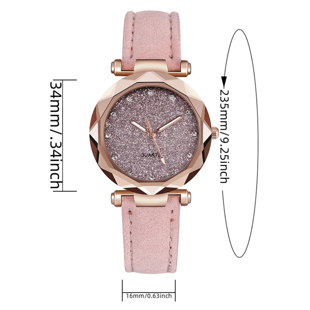 Round Face Rhinestone Star Sky Silver Pink Watch for Women