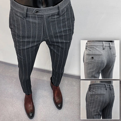 Men’s Slim Stretch Suit Pants - Autumn Formal Stripe Trousers