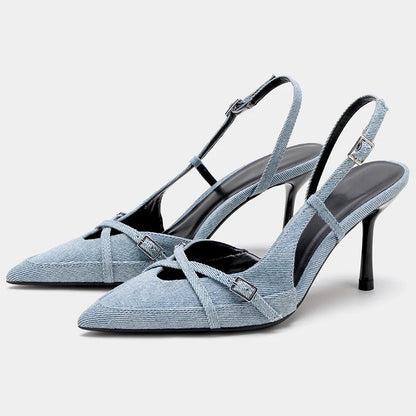Women's Denim Strap Buckle Pointed Toe Pumps