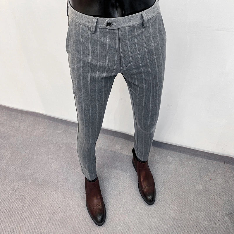 Men’s Slim Stretch Suit Pants - Autumn Formal Stripe Trousers