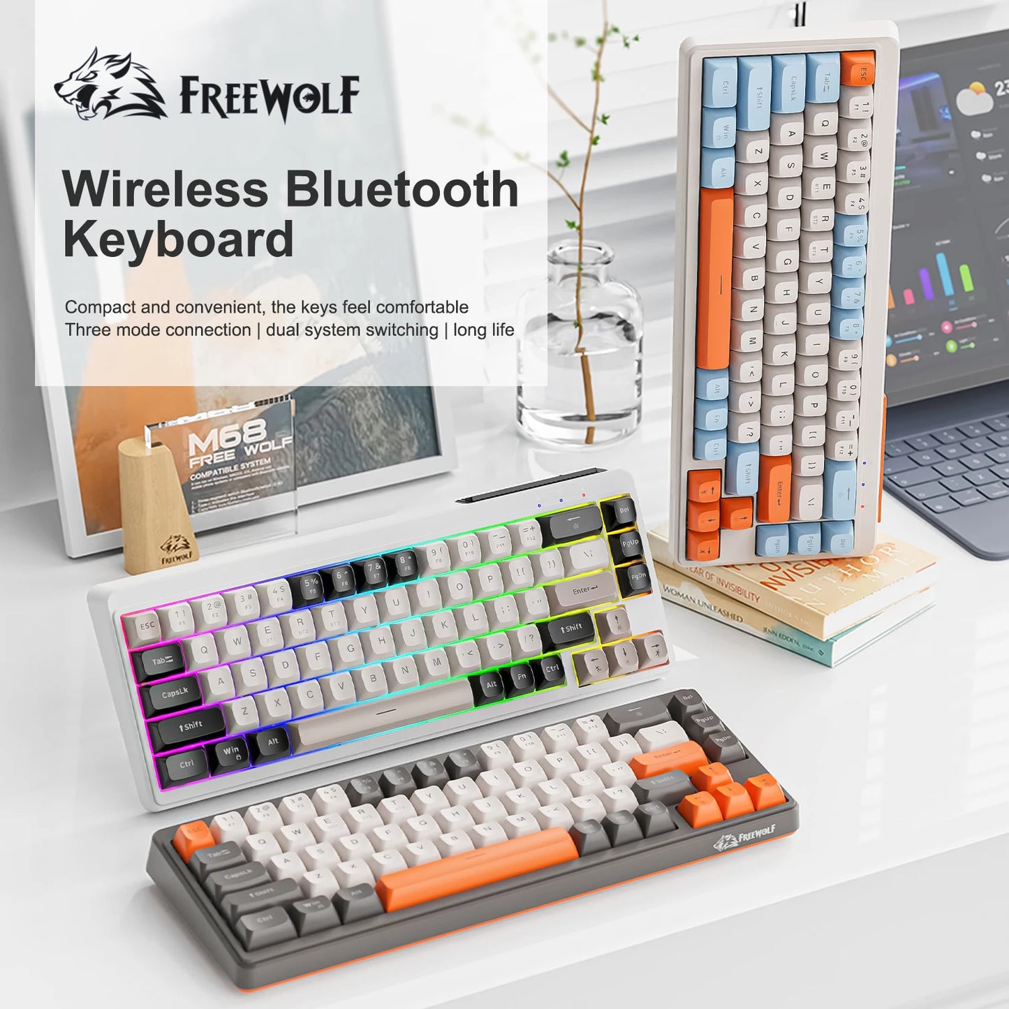 Kabellose mechanische Tastatur, Bluetooth, Dualmodus, Hot-Swap-fähig, Mini, 68 Tasten, roter Schalter, für PC, PS4, Xbox, iPhone, iPad