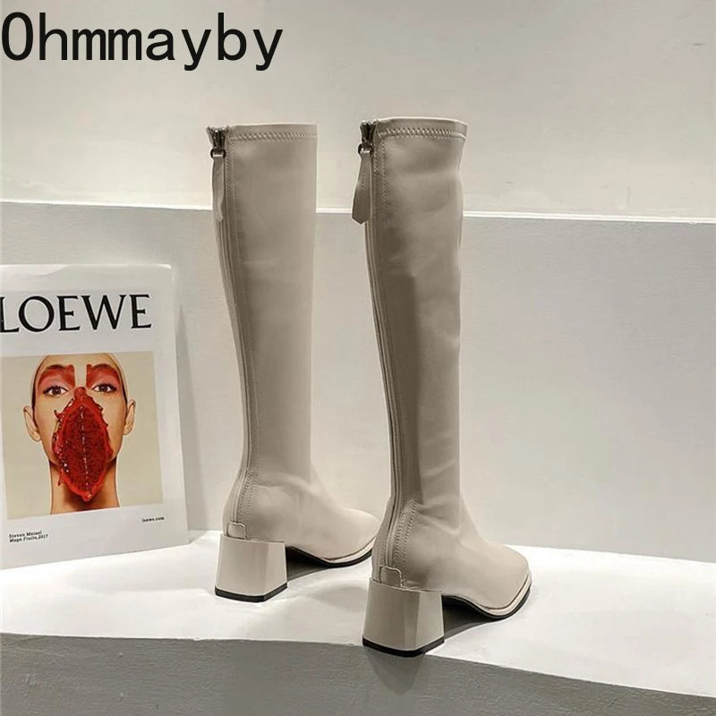 Bottes longues à talons hauts en cuir souple d'hiver pour femmes