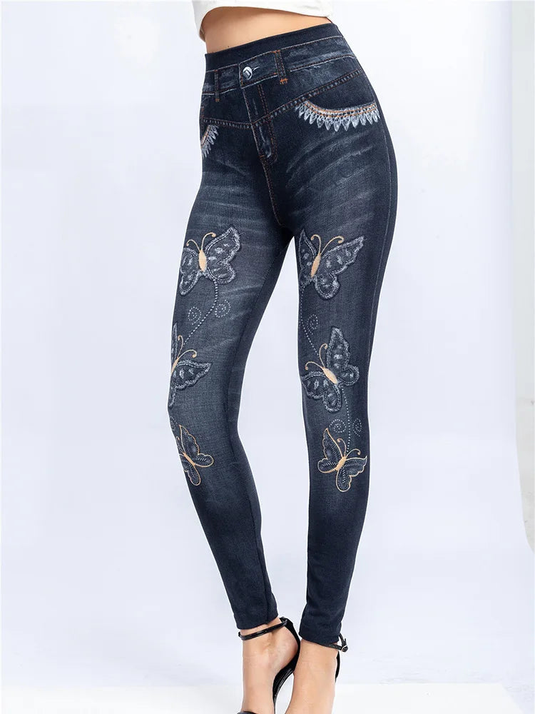 Women's Gym Leggins High Waist Elastic Butterfly Pritned Pencil Jeans