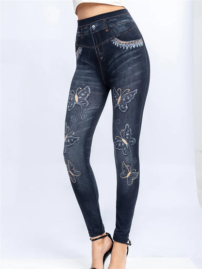 Women's Gym Leggins High Waist Elastic Butterfly Pritned Pencil Jeans