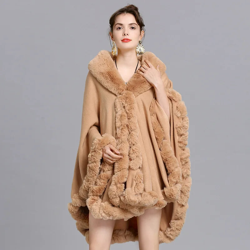 Women's Winter Plaid Hooded Fur Collar Shawl