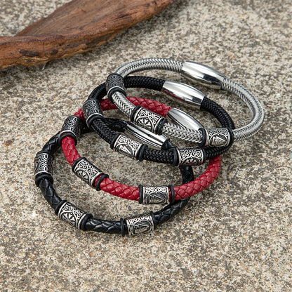 Men’s Viking Rune Stainless Steel Bracelet – Norse Futhark Runes Bangle Wire Rope Cuff