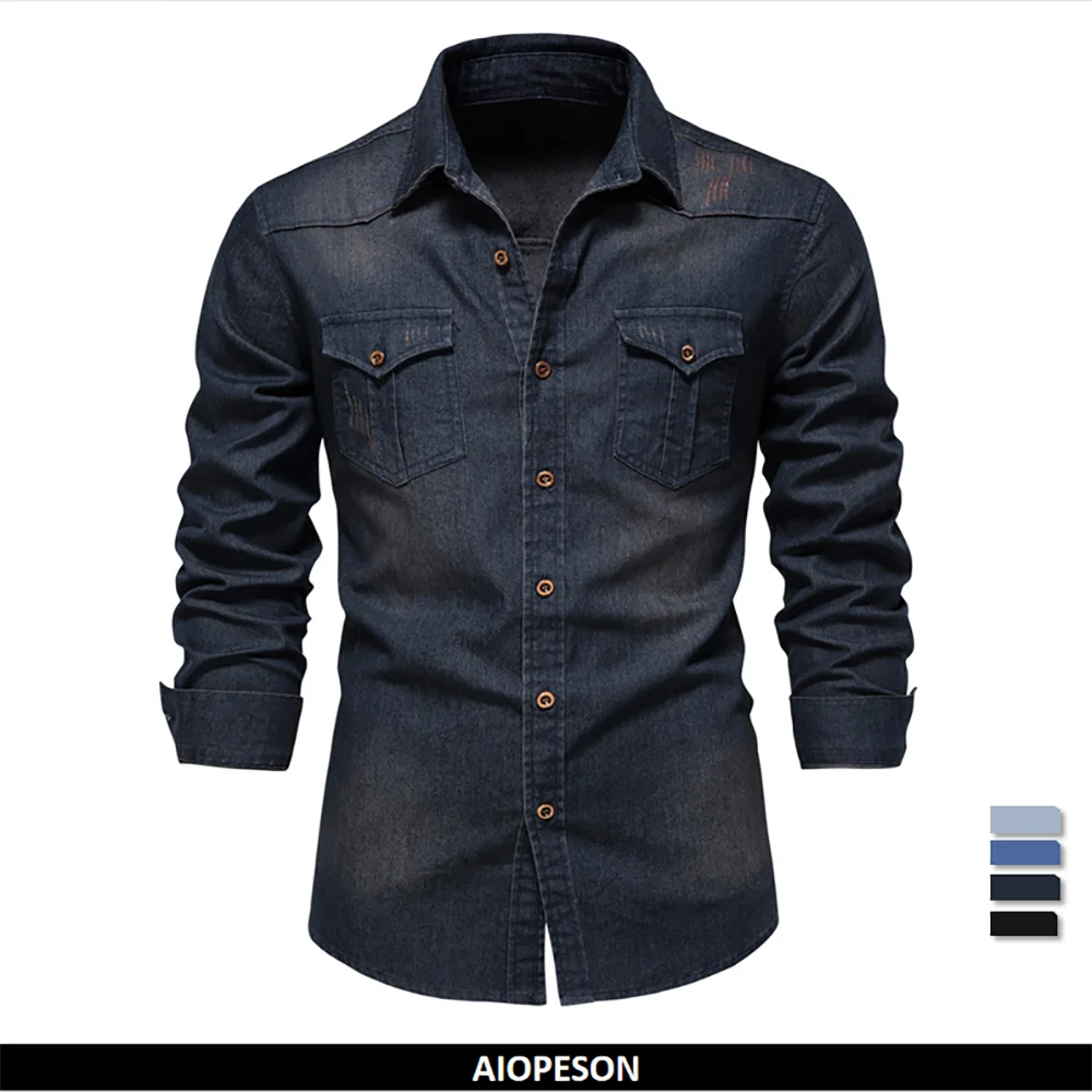 Double Pockets Slim Jeans Shirts For Men