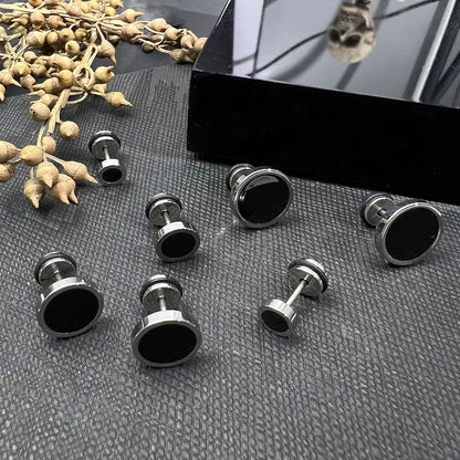 Minimalist Titanium Steel Men's Earrings - Round Black Oil Drip Studs