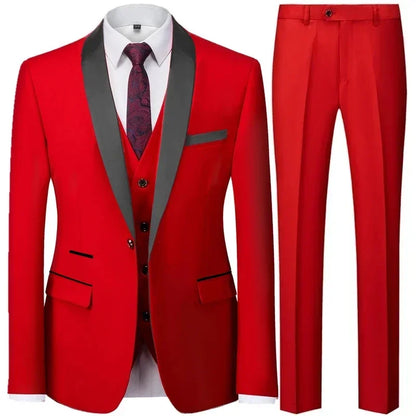 3 Pieces Set Men's Business Blazers Coat - Slim Fit Color Matching Collar Suit Jacket Pants Vest