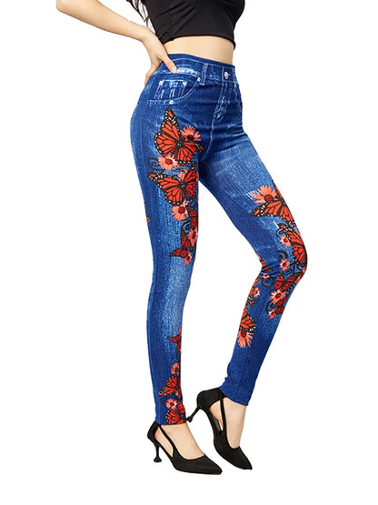 Women's Gym Leggins High Waist Elastic Butterfly Pritned Pencil Jeans