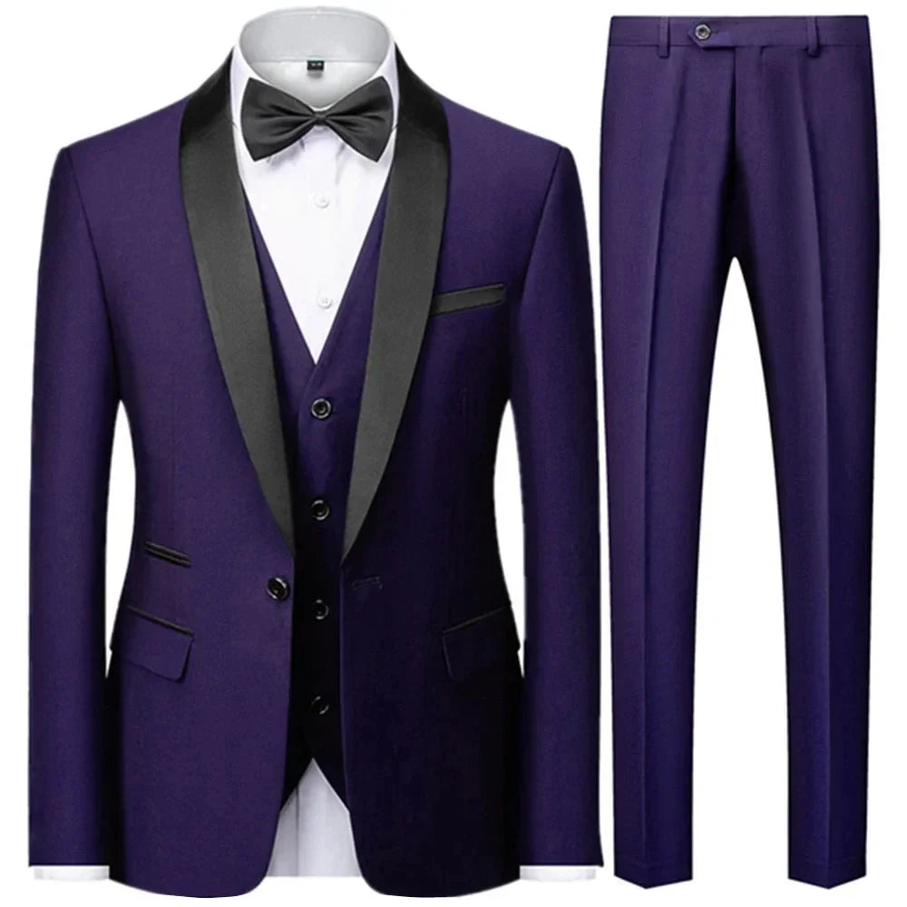 3 Pieces Set Men's Business Blazers Coat - Slim Fit Color Matching Collar Suit Jacket Pants Vest