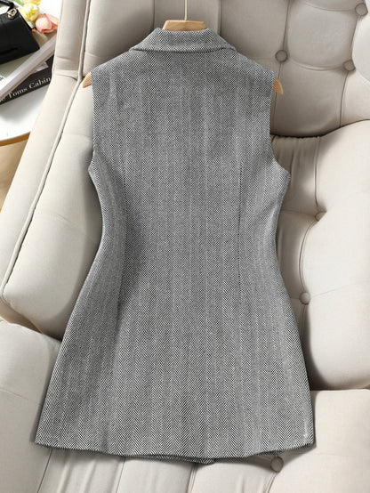 Women's Double Breasted Notched Lapel Waistcoat - Plaid Sleeveless Blazer