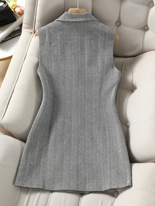 Women's Double Breasted Notched Lapel Waistcoat - Plaid Sleeveless Blazer