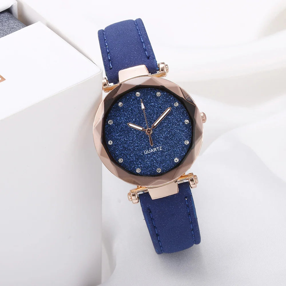 Round Face Rhinestone Star Sky Silver Pink Watch for Women