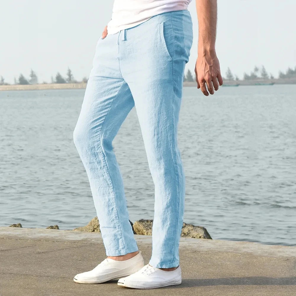 Pantalon streetwear respirant en coton et lin de couleur unie pour hommes