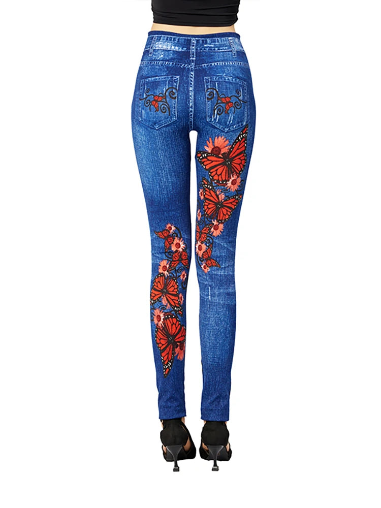 Women's Gym Leggins High Waist Elastic Butterfly Pritned Pencil Jeans