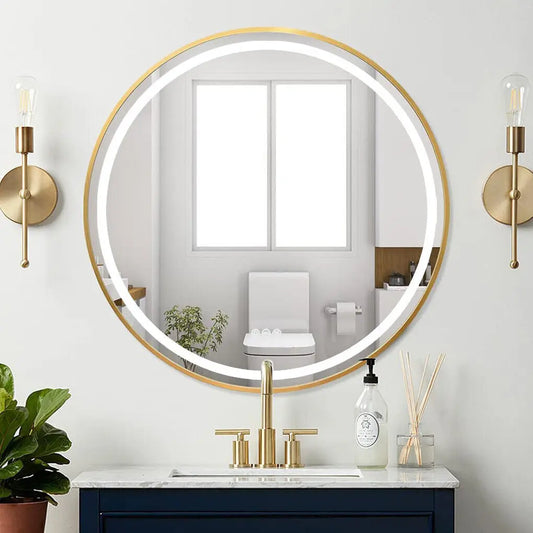 Miroir de salle de bain rond à LED LUVODI 32" avec capteur tactile et cadre doré