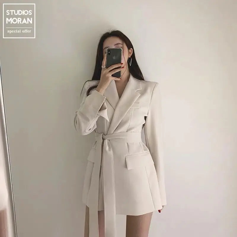 Women’s Mid‑Length Slim Fit Blazer Jacket – Waist‑Defining Lace‑Up Suit Dress Coat