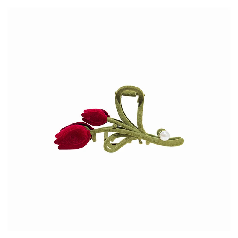Velvet Tulip Pearl Hair Claw - Wine Red Flower Hair Clips