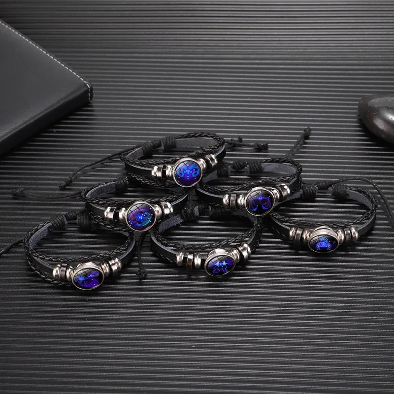 Unisex-Armband mit den 12 Sternzeichen – Leuchtendes, mehrlagiges Lederarmband mit Anhängern