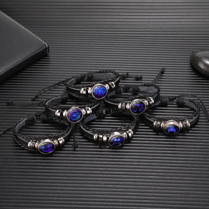 Unisex-Armband mit den 12 Sternzeichen – Leuchtendes, mehrlagiges Lederarmband mit Anhängern