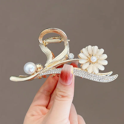 Crystal Flower Hair Claw - Metal Hair Claw Pearl Shark Clip