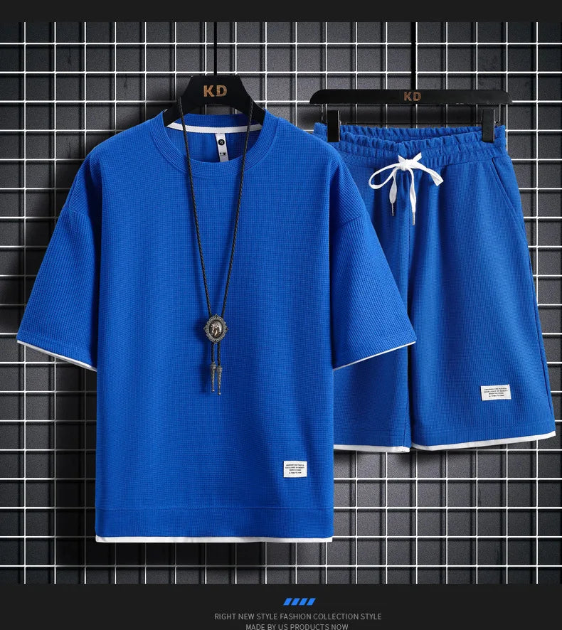 Men's Summer Waffle Tracksuit Casual T-Shirt & Shorts