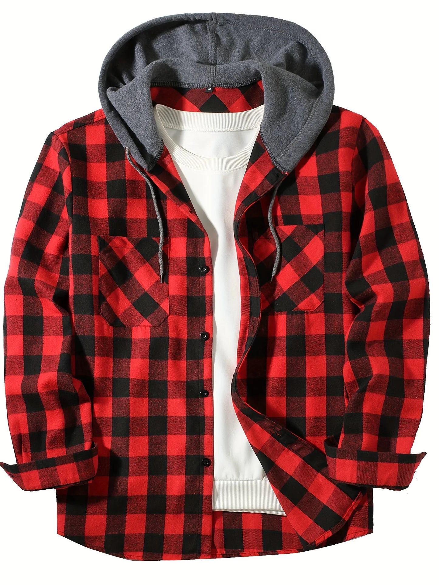 Men's Double Pockets Plaid Hooded Flannel Shirt Jacket