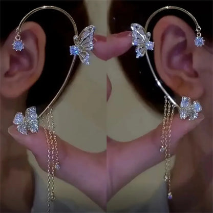Schmetterlings-Ohrmanschetten-Ohrringe aus Gold mit Quasten-Clip für Damen