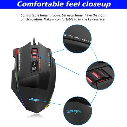 C13 Wired Gaming Mouse with 13 Programmable Buttons Adjustable DPI (1500–10000) RGB LED Optical Sensor USB Gaming Mouse