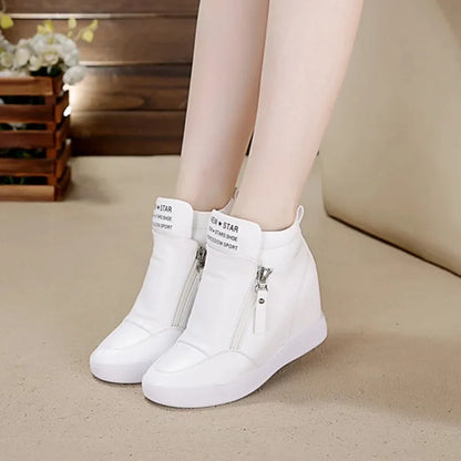 High Top Side Zip White Platform Wedge Sneakers with Hidden Heel